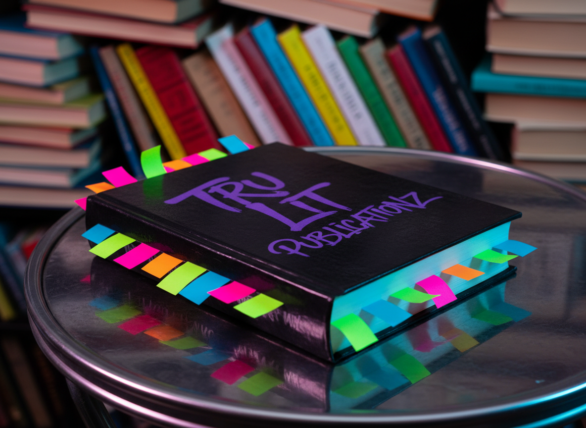 A bold, glossy black hardcover book titled “Tru Lit Publicationz” in electric purple graffiti-style lettering, resting slightly askew on a reflective chrome table. Neon-colored sticky notes jut from the pages like wild ideas escaping. In the background, a blurred wall of mismatched, vibrantly colored books leans at chaotic angles. Dramatic side lighting from an unseen neon sign casts magenta and cyan highlights along the book’s edges, creating sharp, rhythmic shadows. Photographic realism with a high-contrast, saturated look, shot at eye level with shallow depth of field. The atmosphere feels rebellious, energetic, and unapologetically creative, embodying funky, boundary-pushing fiction.