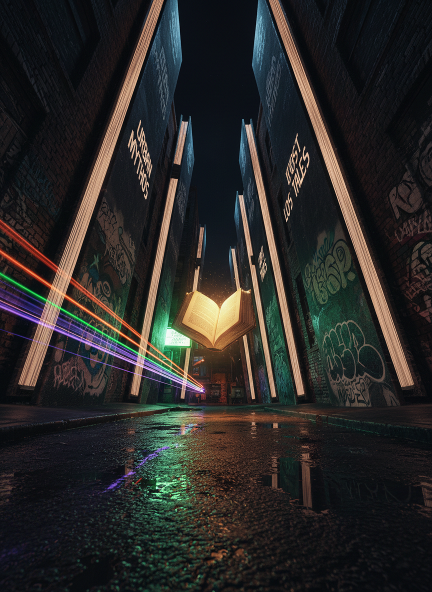 A narrow city alley transformed into a surreal bookshelf corridor: towering, graffiti-covered book spines replace the brick walls, each spine glowing subtly from within. The ground is wet asphalt reflecting streaks of neon green, purple, and orange light from a fictional marquee sign just off-frame. A single, open book floats mid-air at the alley’s center, pages frozen in a mid-flip, emitting a faint, warm glow. Shot from a low, slightly tilted angle in photographic realism, with deep depth of field to emphasize the towering books. Moody, cinematic night lighting with pockets of bright color creates an edgy, funky urban fantasy atmosphere.